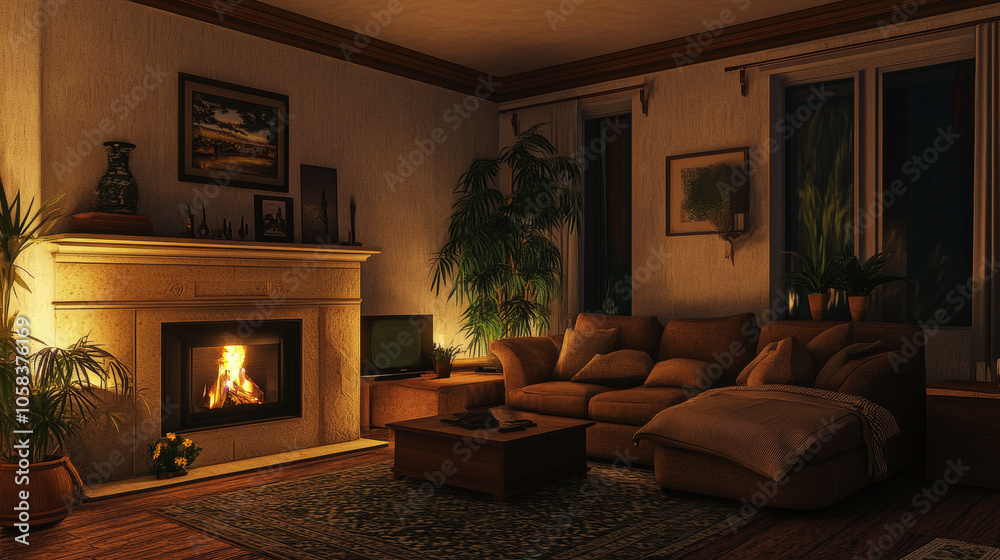 Cozy Living Room with Fireplace and Warm Lighting Cozy Living Room with Fireplace and Warm Lighting