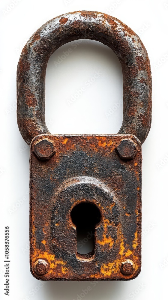 old rusty padlock locked shut on a massive chain against a plain white background symbolizing security confinement and the passage of time old rusty padlock locked shut on a massive chain against a plain white background symbolizing security confinement and the passage of time