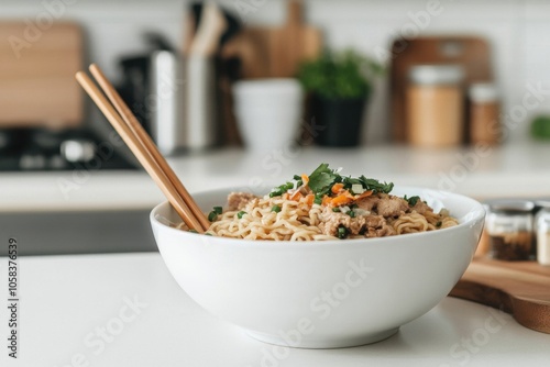 Bowl of instant noodles with chicken and vegetables in modern kitchen
