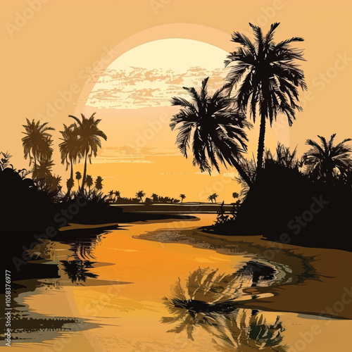 A desert oasis with palm trees. silhouette illustration