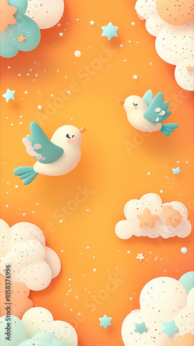 Whimsical Birds Soar Through Dreamy Cloudscape.