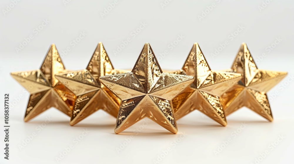 Golden Five-Star Rating Icon, Representing Excellence, Set Against a Plain White Background for Clarity