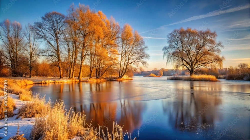 Autumnal landscape with bare trees and a frozen lake in the background, bare branches, snowy, wintry, landscape, arctic Autumnal landscape with bare trees and a frozen lake in the background, bare branches, snowy, wintry, landscape, arctic