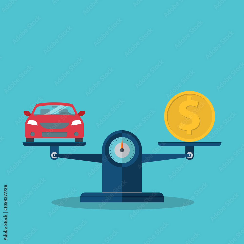 Car and coin on the scale. Vehicle value concept Car and coin on the scale. Vehicle value concept