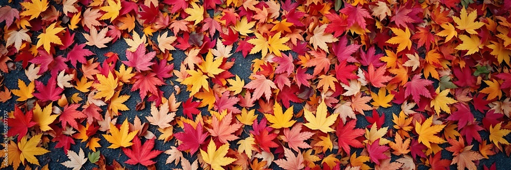 Autumn background featuring a colorful display of maple leaves scattered on the ground, red, seasonal Autumn background featuring a colorful display of maple leaves scattered on the ground, red, seasonal