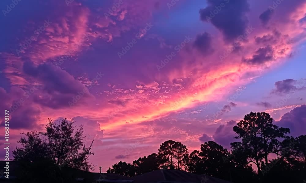 A vibrant sunset sky filled with pink and purple hues, framed by silhouettes of trees. A vibrant sunset sky filled with pink and purple hues, framed by silhouettes of trees.