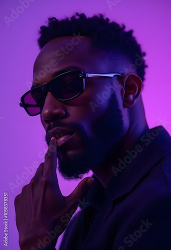 A stylish man in dark sunglasses poses thoughtfully, bathed in a soft purple light, exuding a cool and confident vibe photo