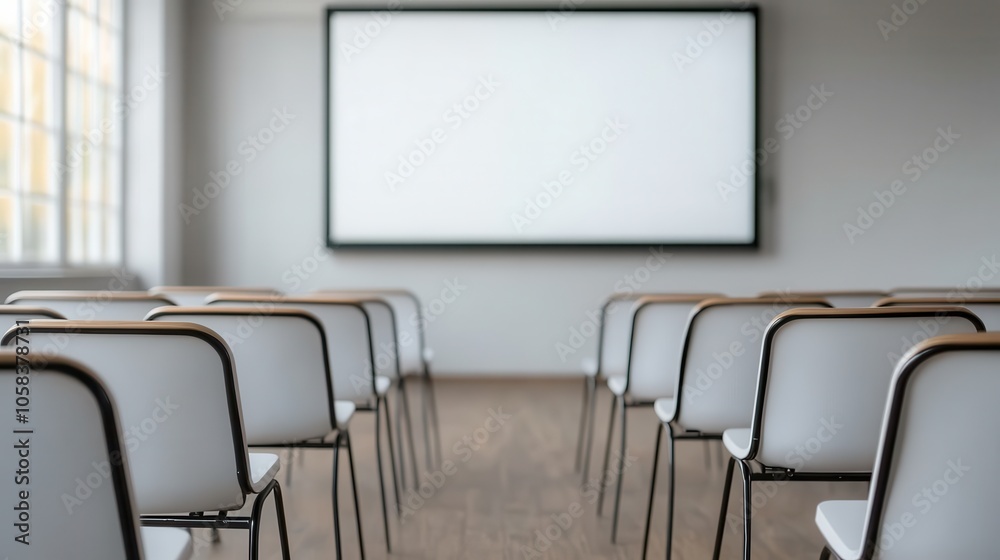 A modern classroom featuring rows of empty chairs facing a blank whiteboard, with natural light streaming through large windows. A modern classroom featuring rows of empty chairs facing a blank whiteboard, with natural light streaming through large windows.