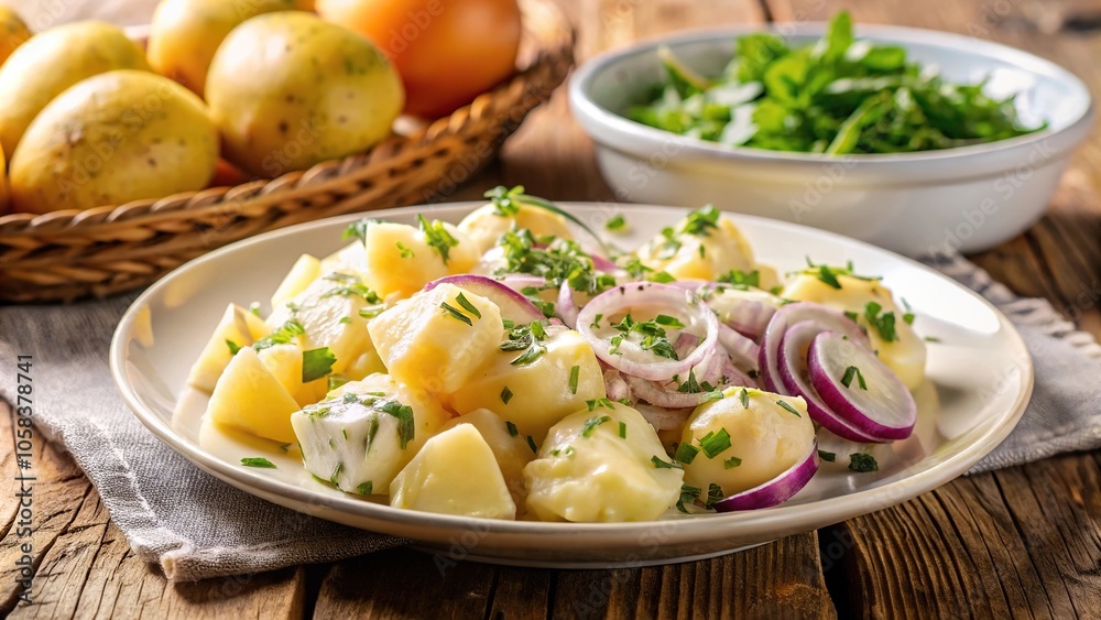 Fresh onion potato salad with boiled potatoes and chopped onions in a plate Fresh onion potato salad with boiled potatoes and chopped onions in a plate