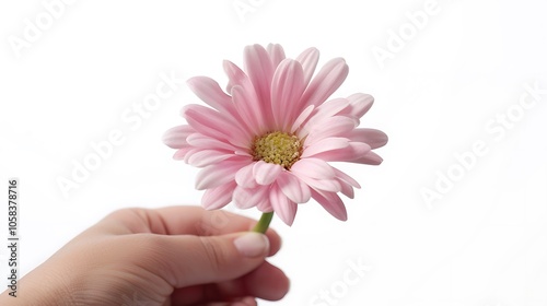 A human hand gently holding a soft pink daisy, isolated on a bright white background with realistic petal textures and shadows.