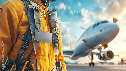 Closeup view of an aerospace engineer s identification badge clipped to their flight suit with a blurred aircraft visible in the background photo