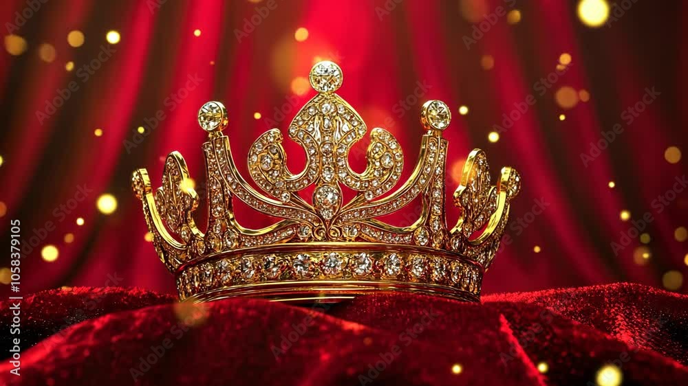 A golden crown with diamonds sits on red velvet with sparkling lights in the background