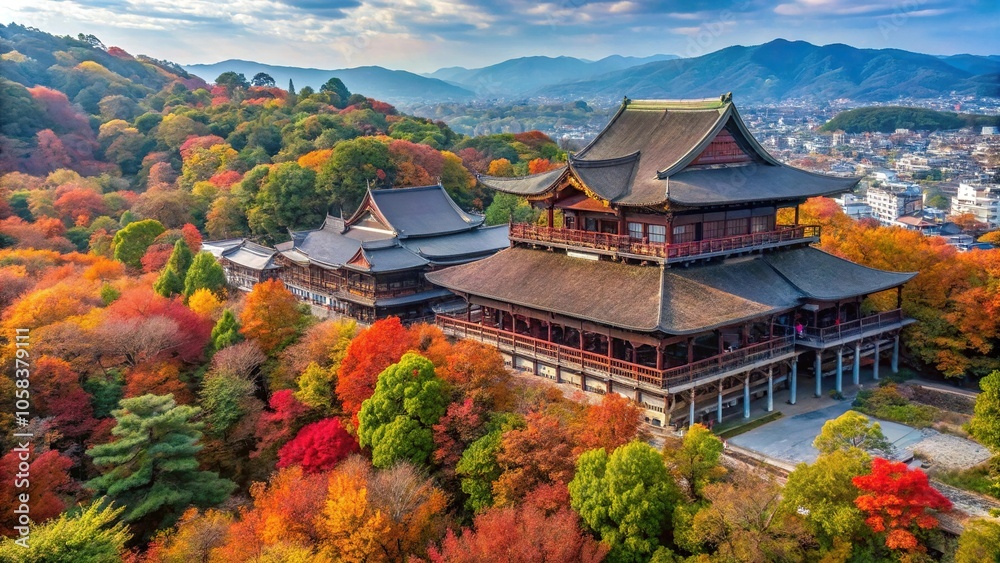 Aerial view of Sanjunoto pagoda and Kiyomizu dera Temple during autumn season in Kyoto Aerial view of Sanjunoto pagoda and Kiyomizu dera Temple during autumn season in Kyoto