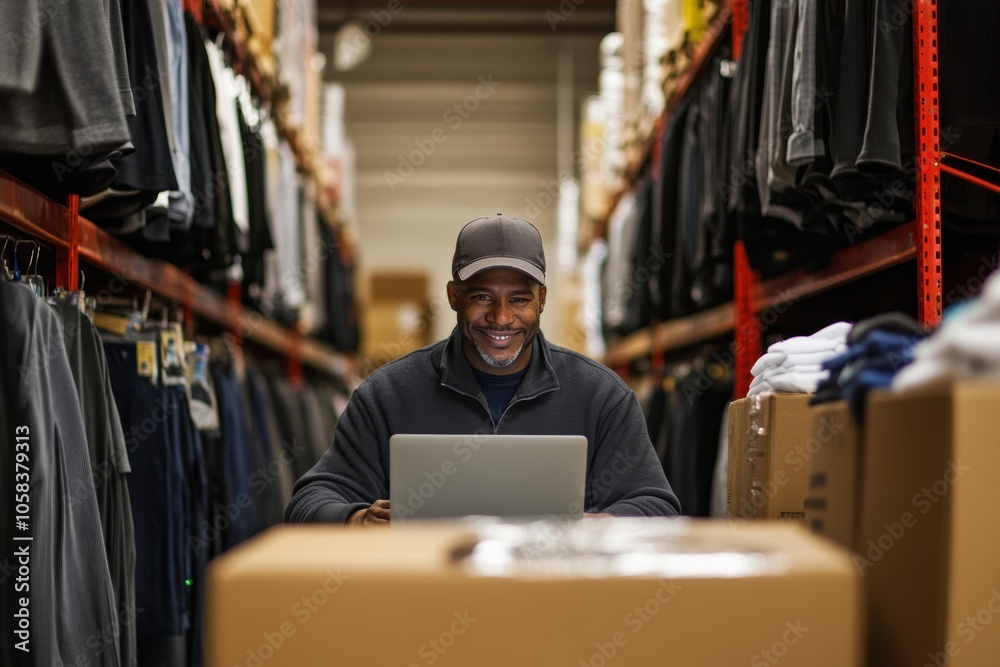 Fototapeta premium A cheerful small business owner works on a laptop in a clothing warehouse. Racks of neatly