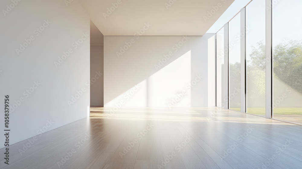 Obraz premium Empty Room with Sunlight Streaming Through Large Windows