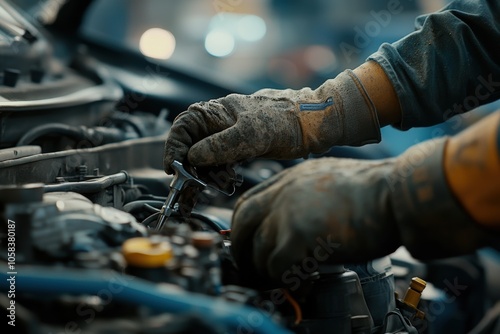 A close-up of mechanical gloved hands using a wrench to adjust a part under a car hood