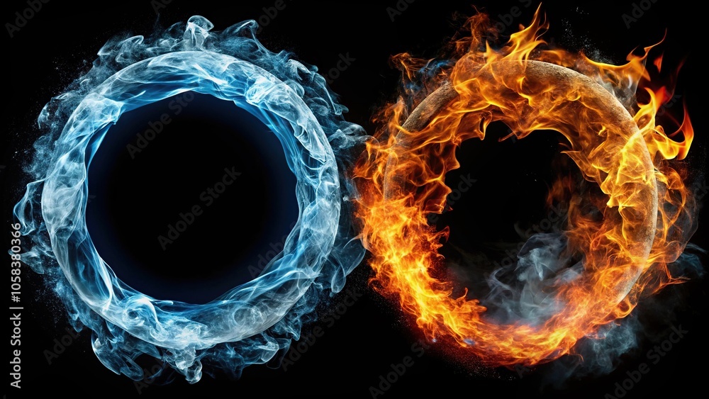 Abstract fire and water circling frame on black close-up