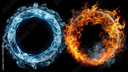 Obraz na płótnie Abstract fire and water circling frame on black close-up w salonie