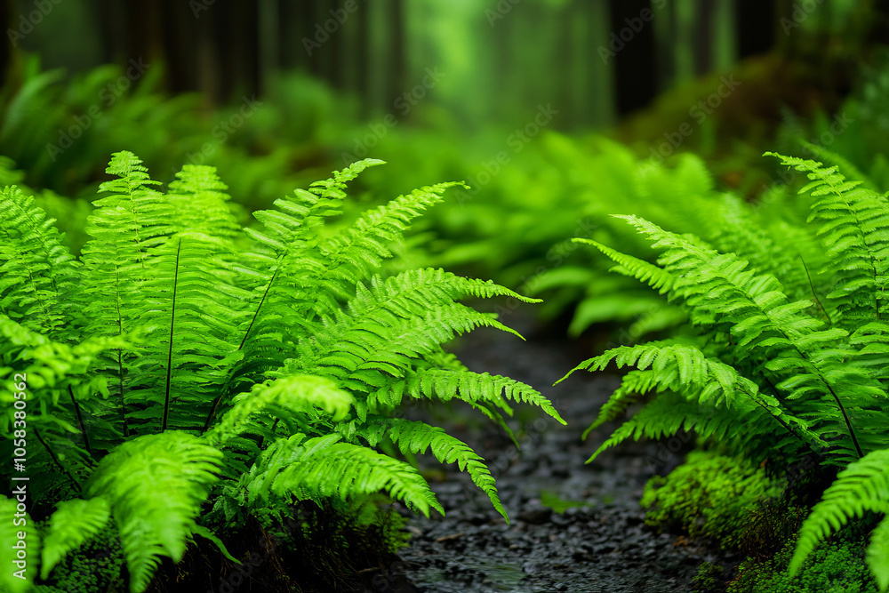 Lush Green Ferns in a Tranquil Forest Landscape Lush Green Ferns in a Tranquil Forest Landscape