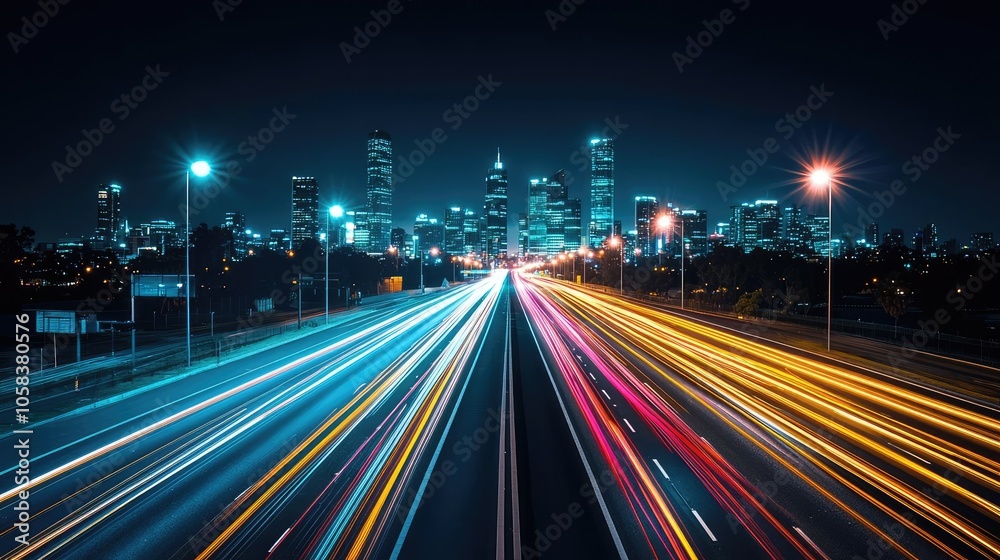 Dynamic light trails on a highway, modern city skyline at night, vibrant urban scene. Dynamic light trails on a highway, modern city skyline at night, vibrant urban scene.
