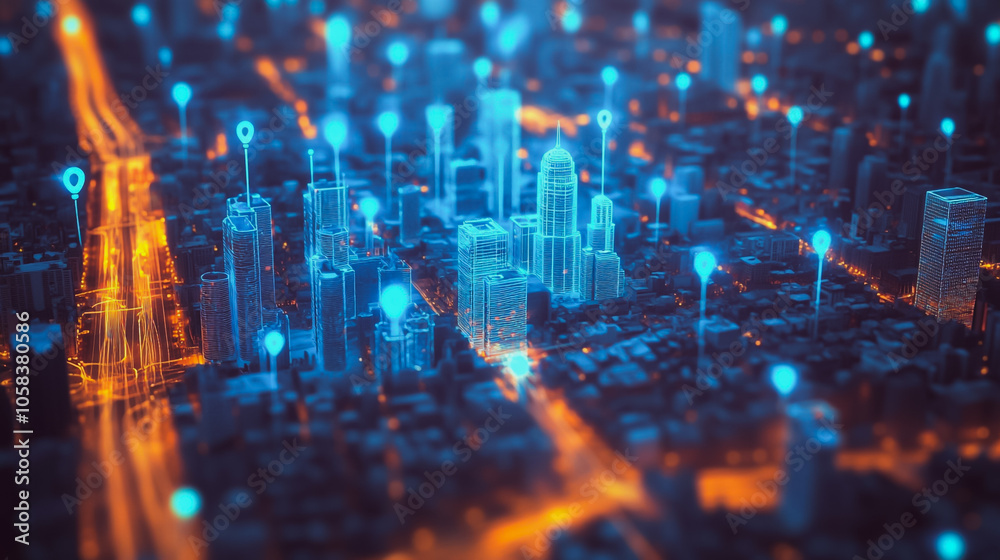 Fototapeta premium Smart digital Innovation city with connection network reciprocity over the cityscape. of future smart wireless digital city and social media networking systems that connects people with in city