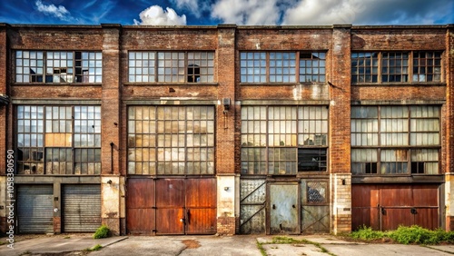 Abandoned warehouse with broken windows and rusty metal doors in a urban landscape, brickwork, neglected, industrial