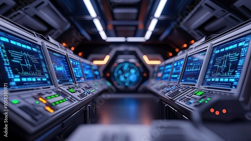 Futuristic control room with advanced screens and blue lighting, high-tech environment.