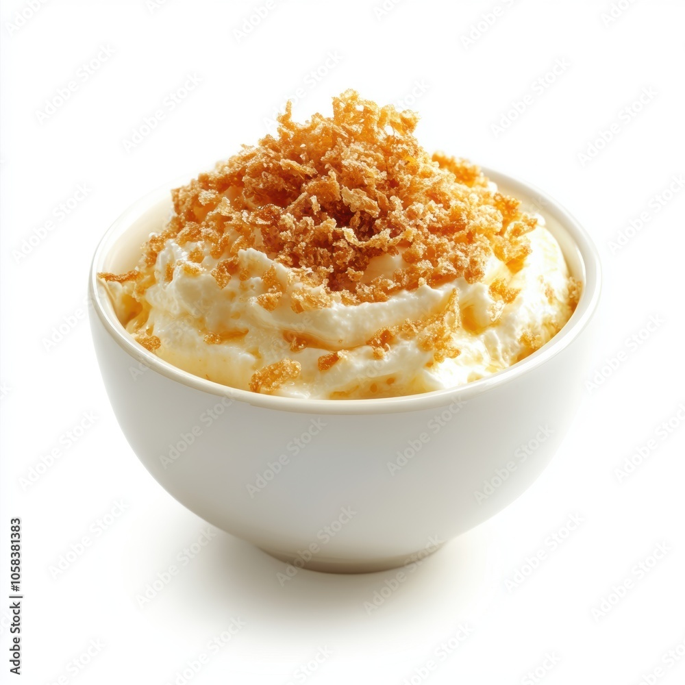 A creamy dessert with a crispy, caramelized topping in a white bowl isolated on white background