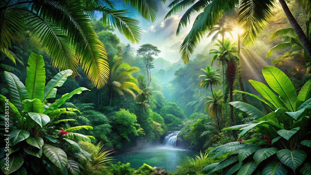 A vibrant tropical rainforest with exotic plants and animals, nature, colorful birds, wildlife, greenery, jungle foliage A vibrant tropical rainforest with exotic plants and animals, nature, colorful birds, wildlife, greenery, jungle foliage