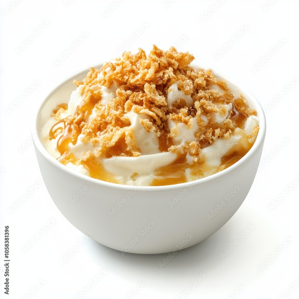 A creamy dessert with a crispy, caramelized topping in a white bowl isolated on white background A creamy dessert with a crispy, caramelized topping in a white bowl isolated on white background