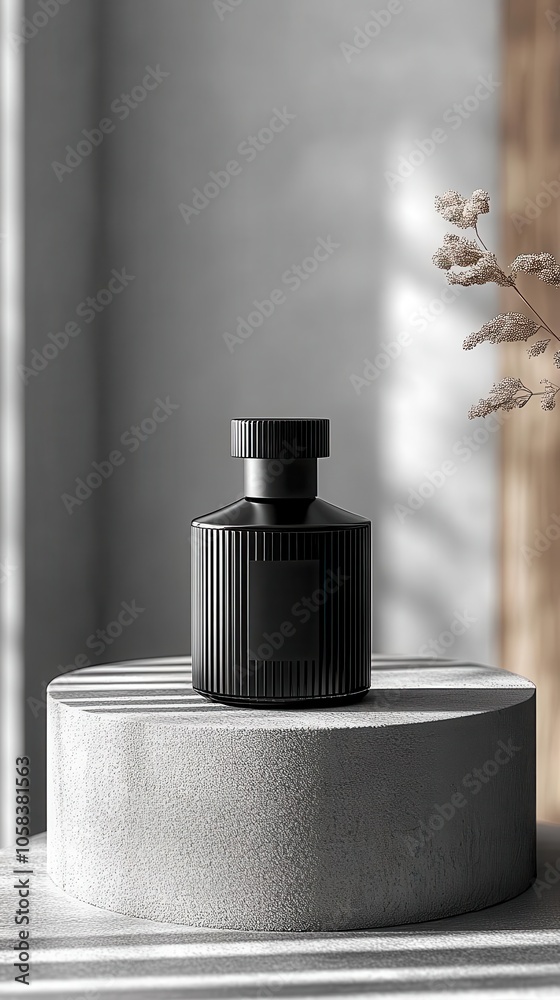 sleek mockup of a plain black perfume bottle displayed elegantly on a minimalist podium set against a neutral background emphasizing simplicity and sophistication sleek mockup of a plain black perfume bottle displayed elegantly on a minimalist podium set against a neutral background emphasizing simplicity and sophistication
