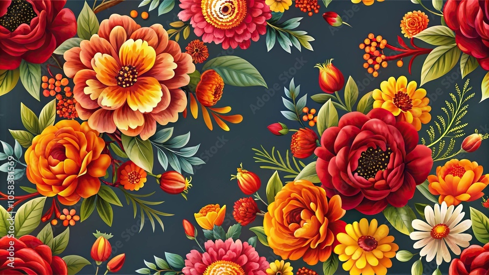 A vibrant floral pattern featuring bold and bright blooms in shades of red, yellow, and orange on a dark gray background, bedroom wall art, colorful patterns A vibrant floral pattern featuring bold and bright blooms in shades of red, yellow, and orange on a dark gray background, bedroom wall art, colorful patterns