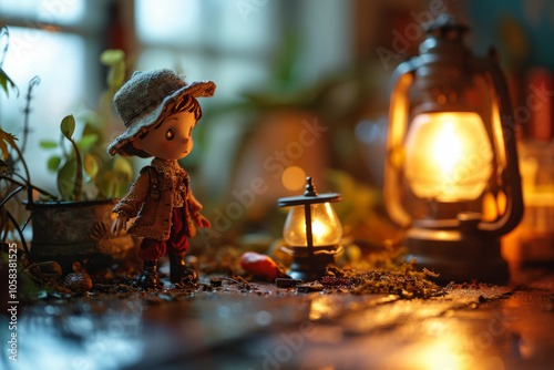 Toy figure dressed as an explorer with a lantern in a cozy, dimly-lit room filled with plants and warm lighting..