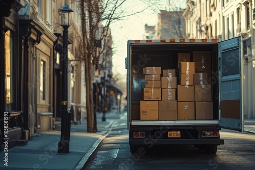 A delivery truck, parked on a city street, has its back doors open, revealing numerous boxes