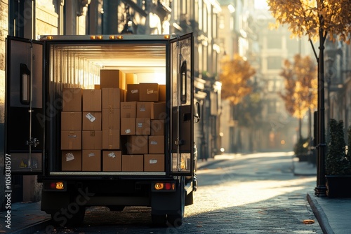 A delivery truck, parked on a city street, has its back doors open, revealing numerous boxes