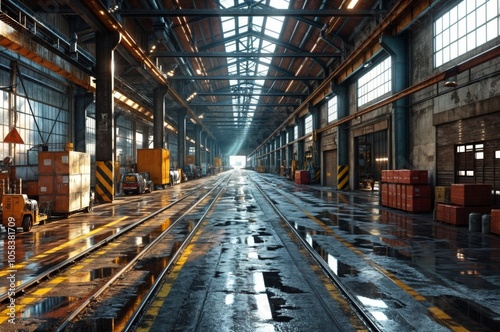 Large industrial warehouse interior featuring a wet floor with reflective surfaces, storage containers, and railway tracks under bright lighting..