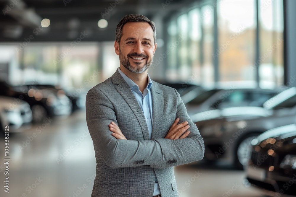 A friendly man dressed in a grey suit stands confidently with his arms crossed in a sleek car