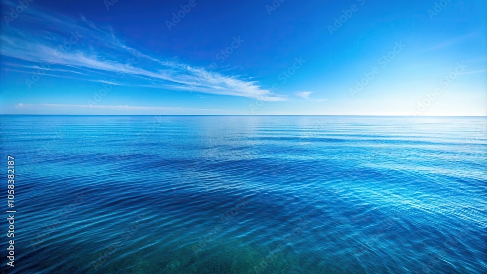 Obraz premium A vast expanse of calm ocean waters reflecting a clear blue sky with only a few wispy clouds scattered across the horizon, shoreline, calm water, natural beauty, sea, beach scenery