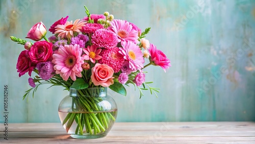 A vibrant and colorful bouquet of pink flowers arranged in a delicate glass vase, colorful blooms, flower arrangement, flower pot, glass vase, vase arrangement