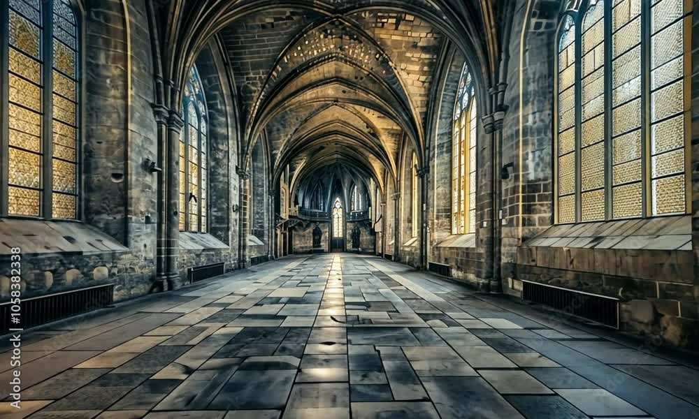 A grand hall with vaulted ceilings and stained glass windows, evoking historical architecture. A grand hall with vaulted ceilings and stained glass windows, evoking historical architecture.