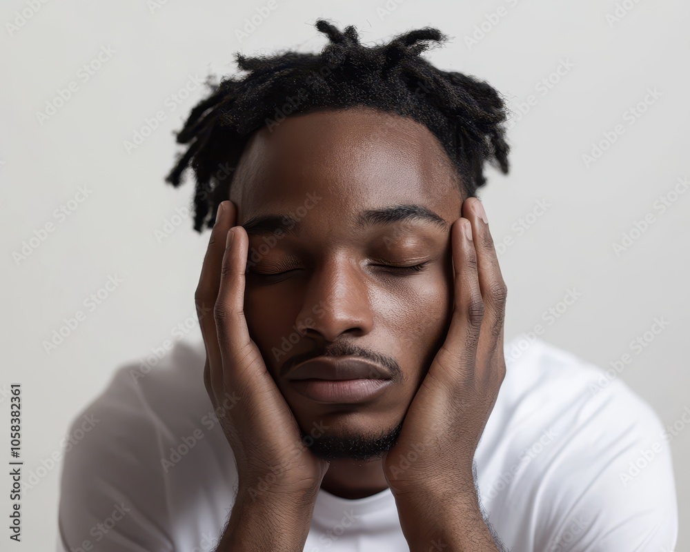 Man resting head on hands, eyes closed, isolated on white background, depicting corporate burnout Man resting head on hands, eyes closed, isolated on white background, depicting corporate burnout
