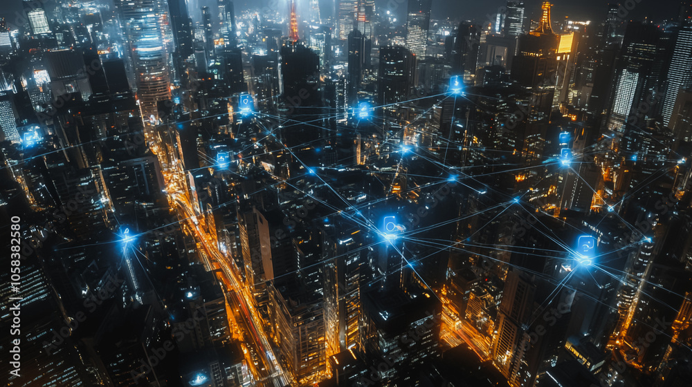 Obraz premium Smart digital Innovation city with connection network reciprocity over the cityscape. of future smart wireless digital city and social media networking systems that connects people with in city