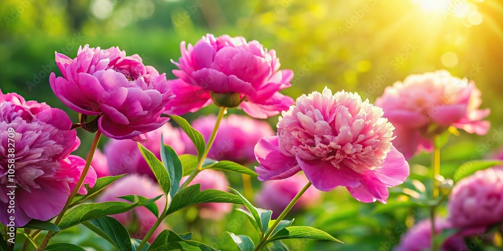 1. Delicate raspberry pink peonies blooming in a lush green garden, soft sunlight filtering through the petals, a realistic photo image. 1. Delicate raspberry pink peonies blooming in a lush green garden, soft sunlight filtering through the petals, a realistic photo image.