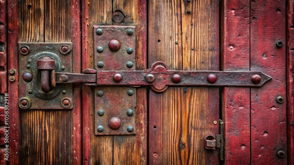 10. A rustic, burgundy-painted door adorned with ancient, iron hinges and a heavy, old-fashioned keyhole, a realistic photo image. 10. A rustic, burgundy-painted door adorned with ancient, iron hinges and a heavy, old-fashioned keyhole, a realistic photo image.