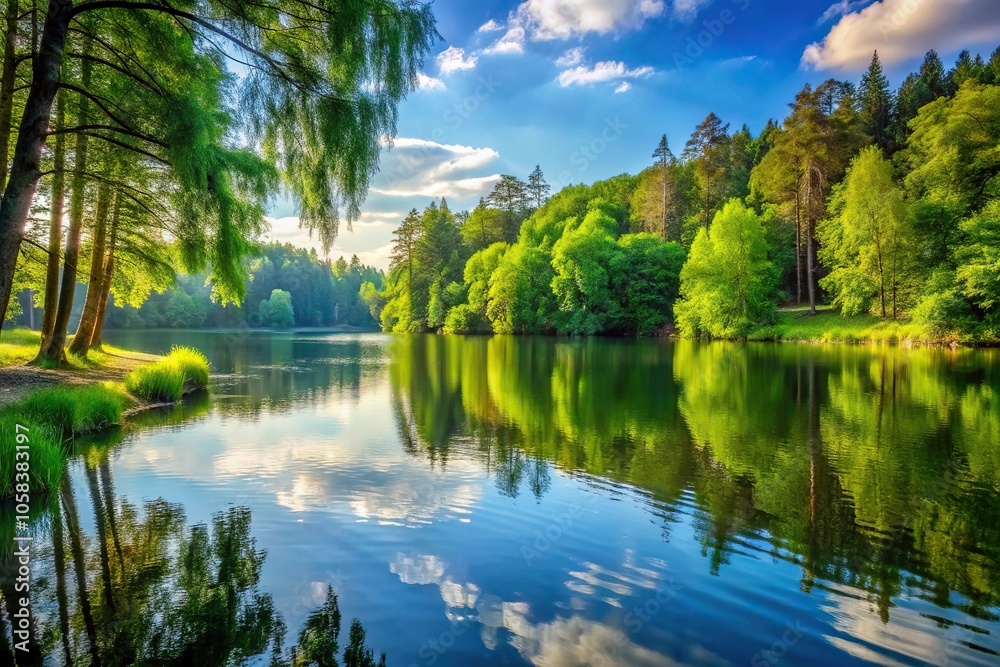 A tranquil lake with tall trees and lush greenery on its shore, botanicals, lake background A tranquil lake with tall trees and lush greenery on its shore, botanicals, lake background