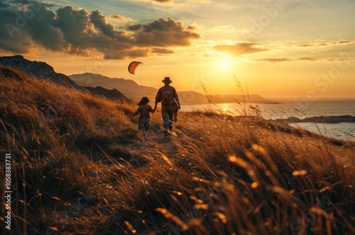 A father and daughter walk along a grassy coastal path, flying a kite as the sun sets over the ocean horizon..
