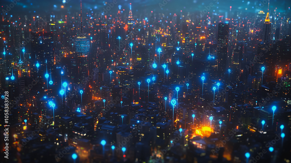 Obraz premium Smart digital Innovation city with connection network reciprocity over the cityscape. of future smart wireless digital city and social media networking systems that connects people with in city 