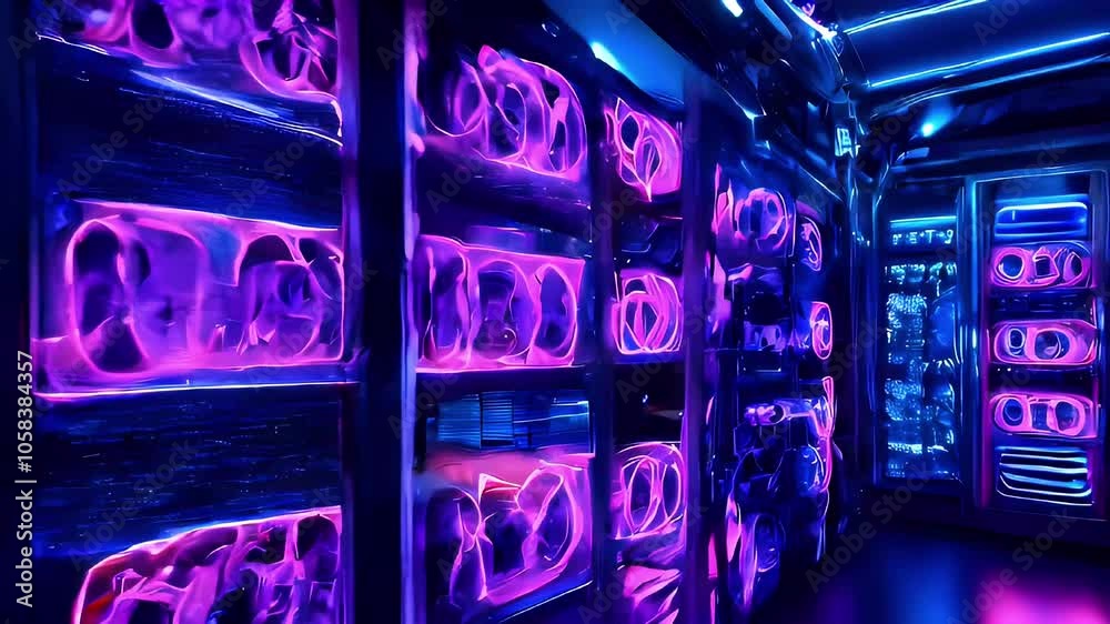 A server room with rows of server racks lit by neon lights.  The room is dark and mysterious, the only light coming from the neon lights. 