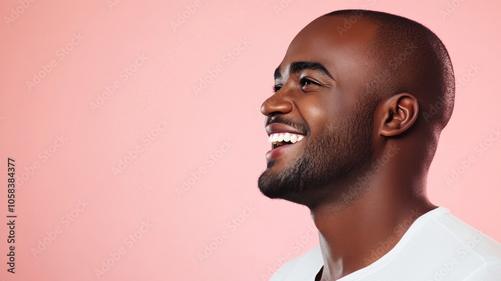A smiling man with a shaved head against a pink background. A smiling man with a shaved head against a pink background.