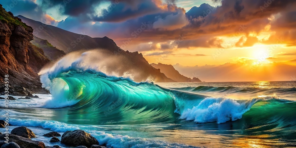 Naklejka premium A stunning turquoise ocean wave crashes against the rugged shore of a volcanic beach at sunset, turquoise ocean, sunset